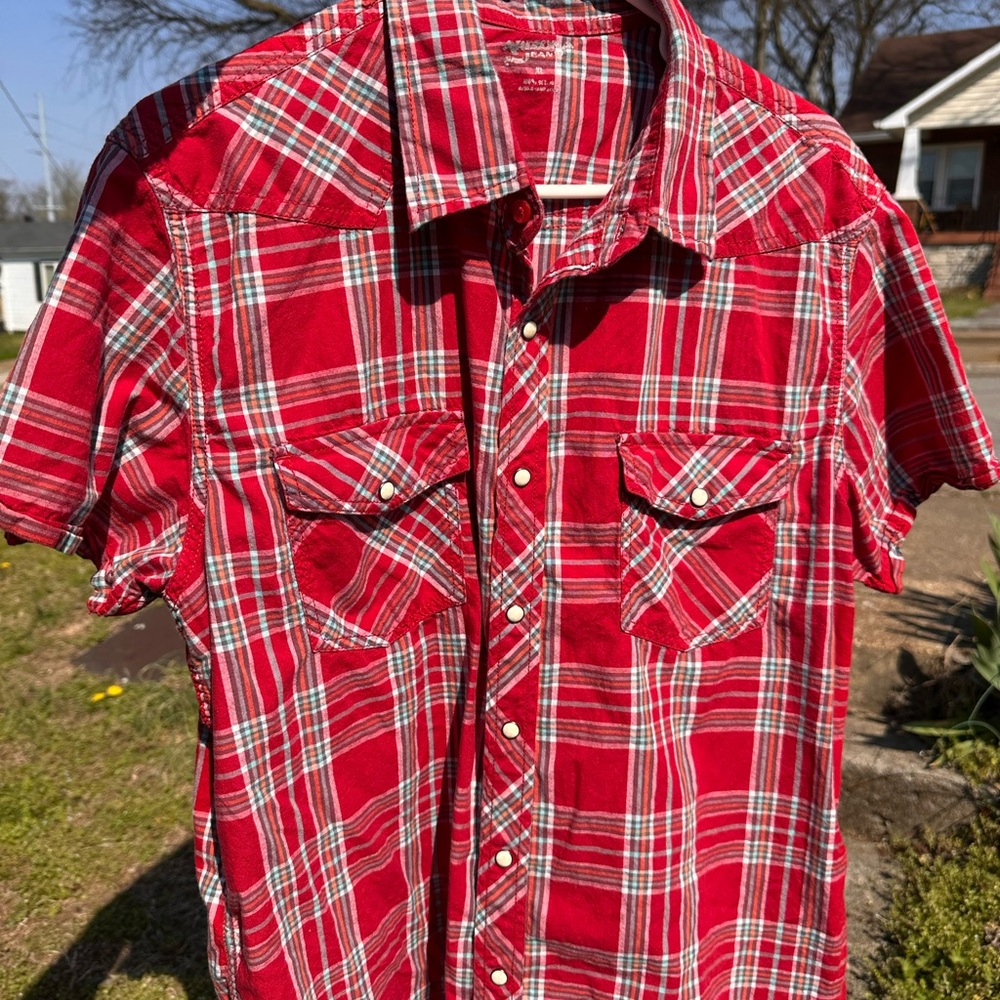 Red Plaid Pearl Snap Western Shirt XL | Oversized Flannel Cowgirl Ranch Style - Picture 3 of 8